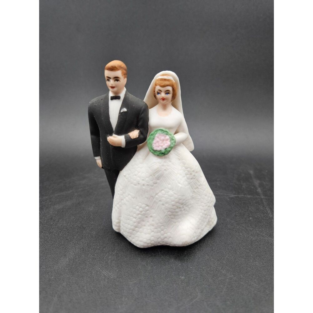 Vintage Lefton Hand Painted Bride and Groom Wedding Cake Topper Figurine